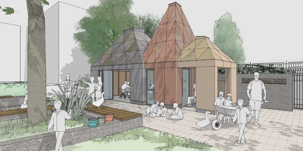 Sketch of Feltham Cabin with example trees, shrubs and pedestrians