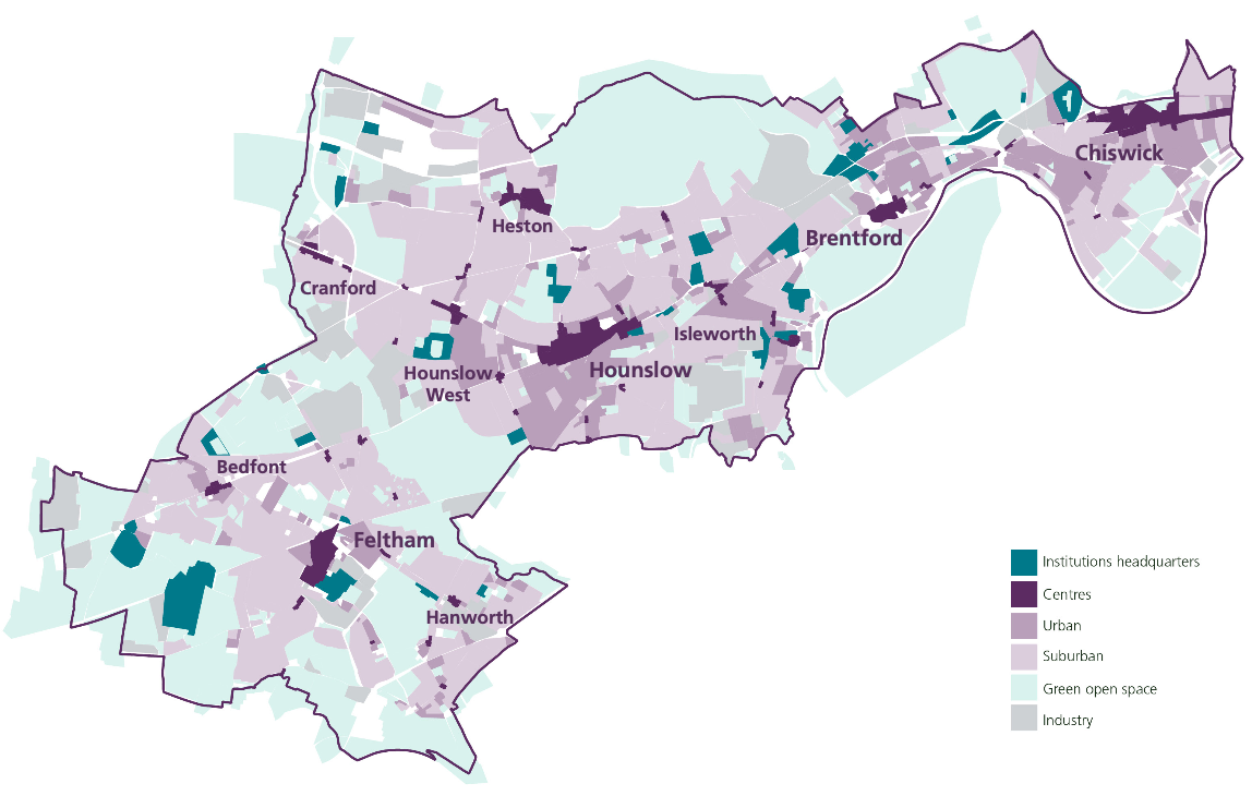 Map showing different areas of Hounslow borough and how they are used (for example, urban land, industrial land)