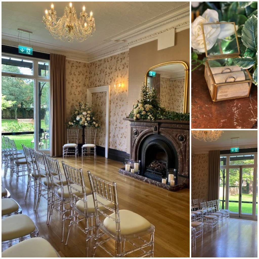 Views of Feltham Lodge dressed for a wedding