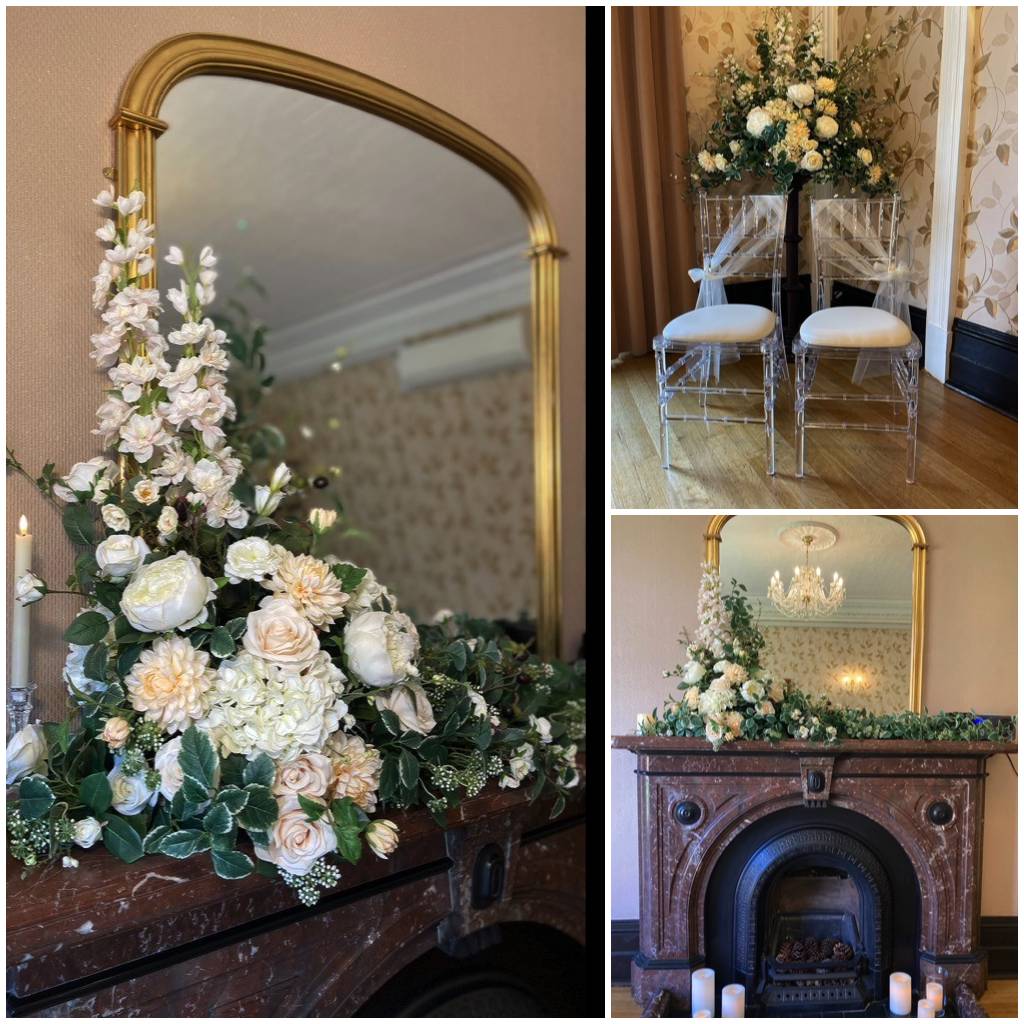 Views of Feltham Lodge dressed for a wedding